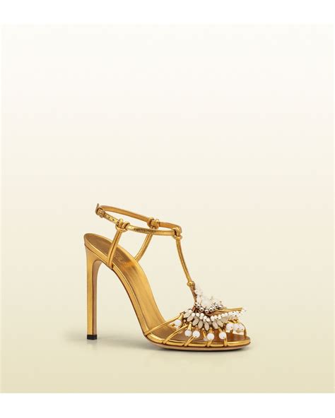 Gucci Metallic Phoebe High Heel Sandal with Jeweled Embroidery